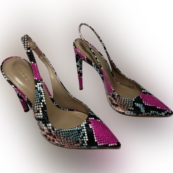 ALDO Pink Black Animal Snake Print Slingback Stiletto Pointy Toe Heels Size 7.5 - Picture 2 of 7